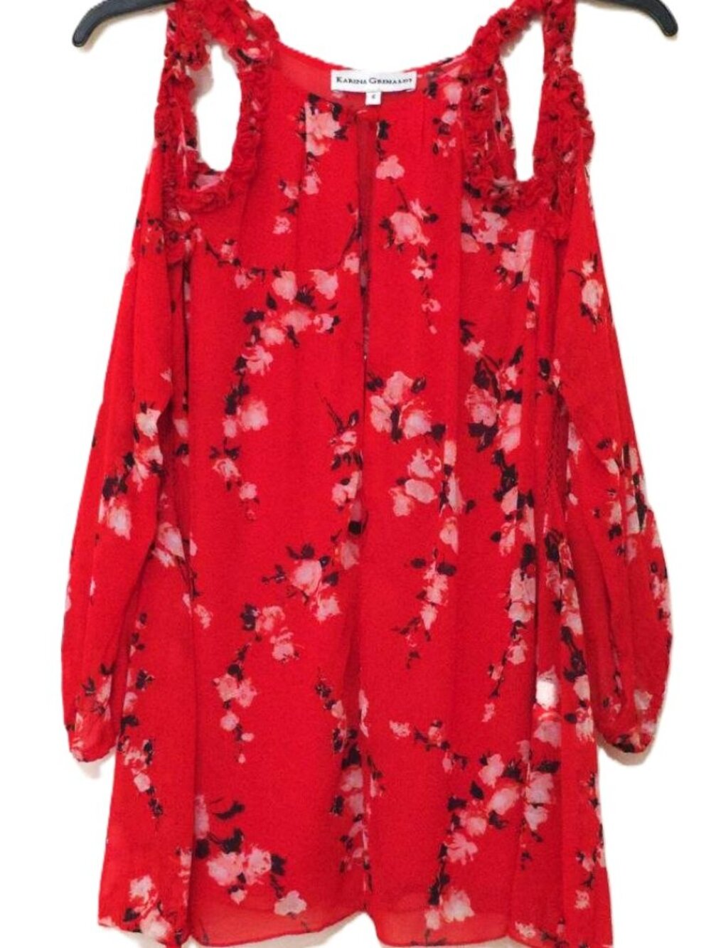 Karina Grimaldi Daisy Red Floral Ruffle Cold Shoulder Blouse Top S EUC Revolve